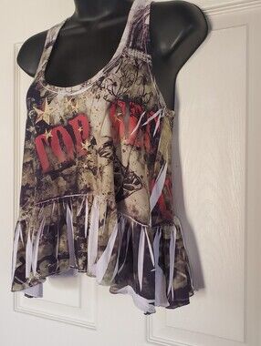 Graphic Top Secret Ruffled Hem Tank Top Babydoll Grunge Festival Punk Size Small